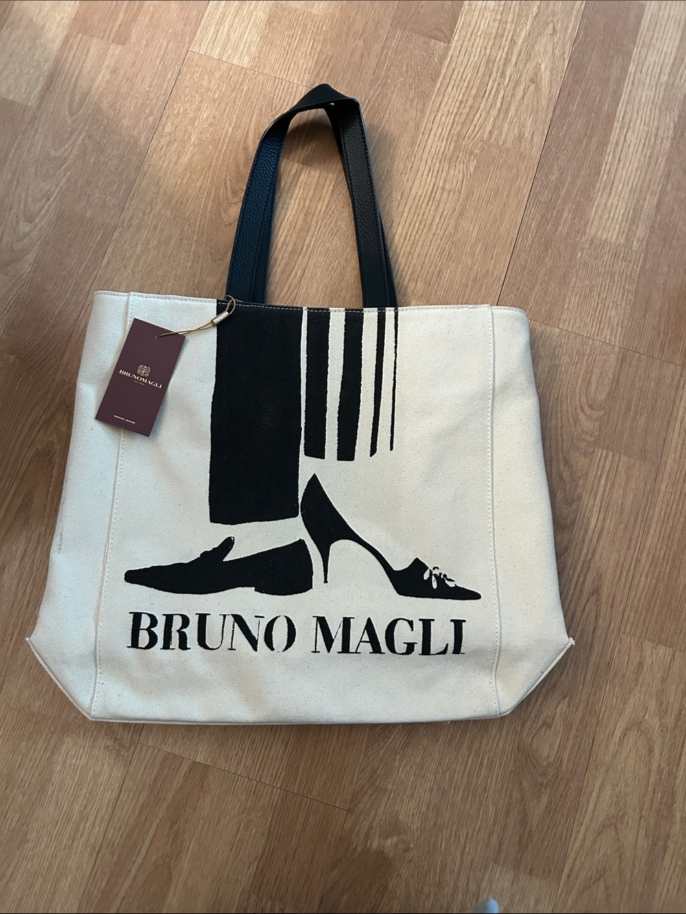 Bruno Magli Cream Canvas Tote with Black Graphic and Straps